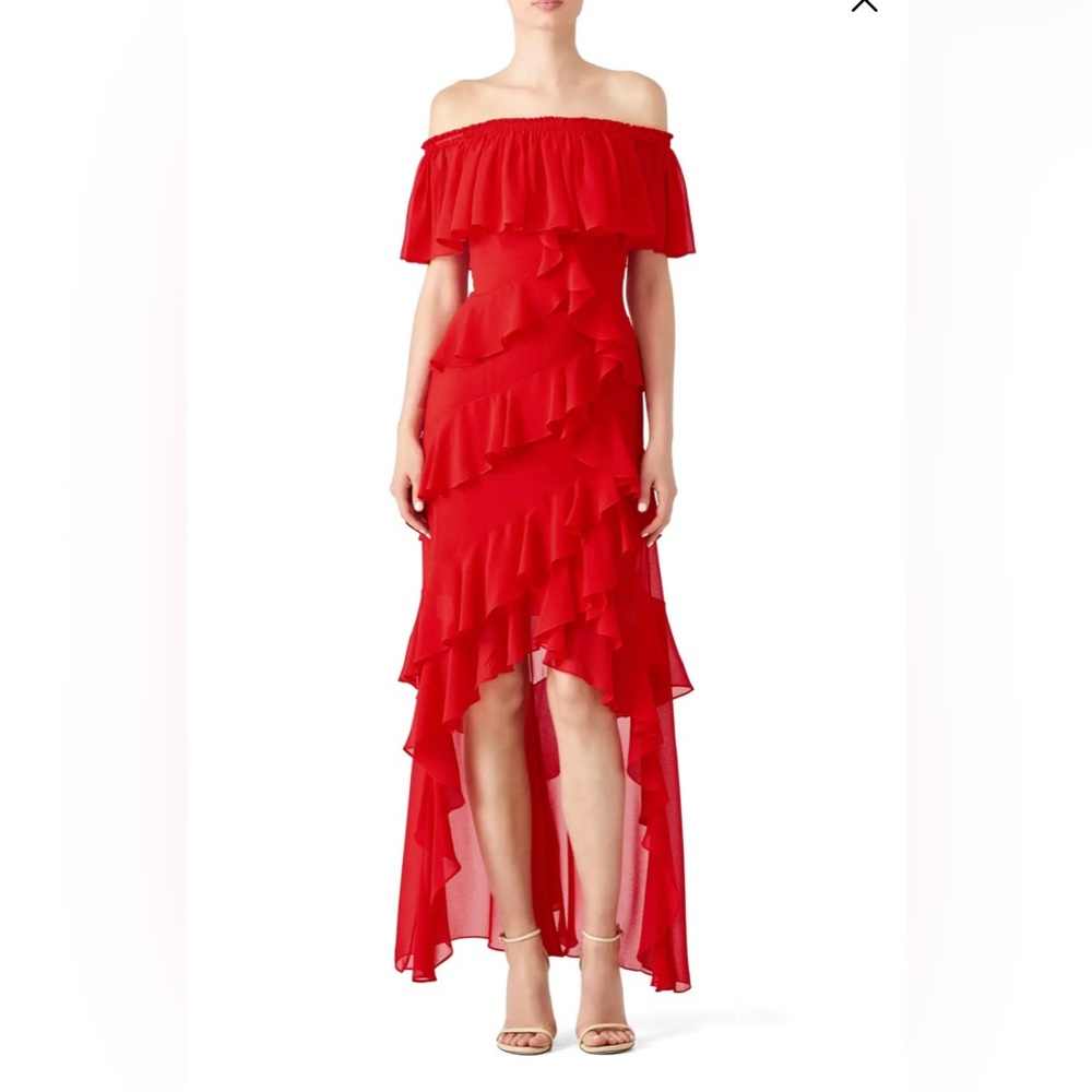 Badgley Mischka Red Off Shoulder Ruffle Gown
